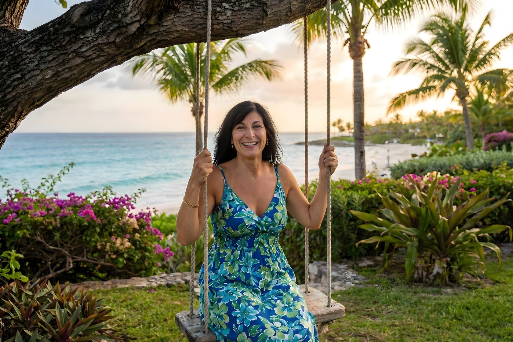 Breathwork facilitator Debbie Marcelo on a swing overlooking the beach
